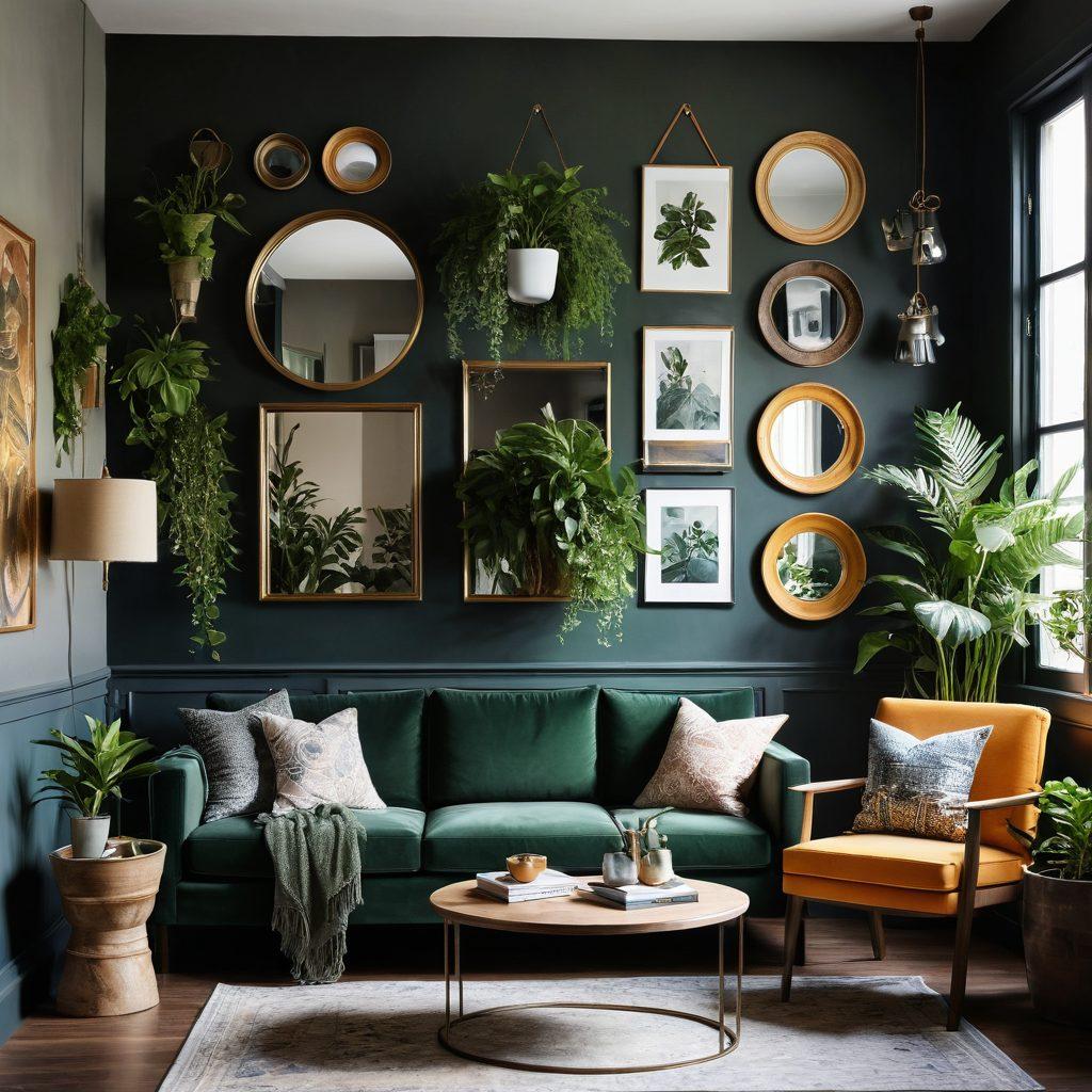 A beautifully designed interior room showcasing an array of creative wall decor ideas, featuring vibrant paintings, unique wall hangings, and decorative mirrors. The space should reflect a cozy yet stylish atmosphere, with soft lighting highlighting the various decor elements. Include a mix of textures like wood, fabric, and metal on the walls, and a hint of greenery from indoor plants. super-realistic. vibrant colors. warm lighting.