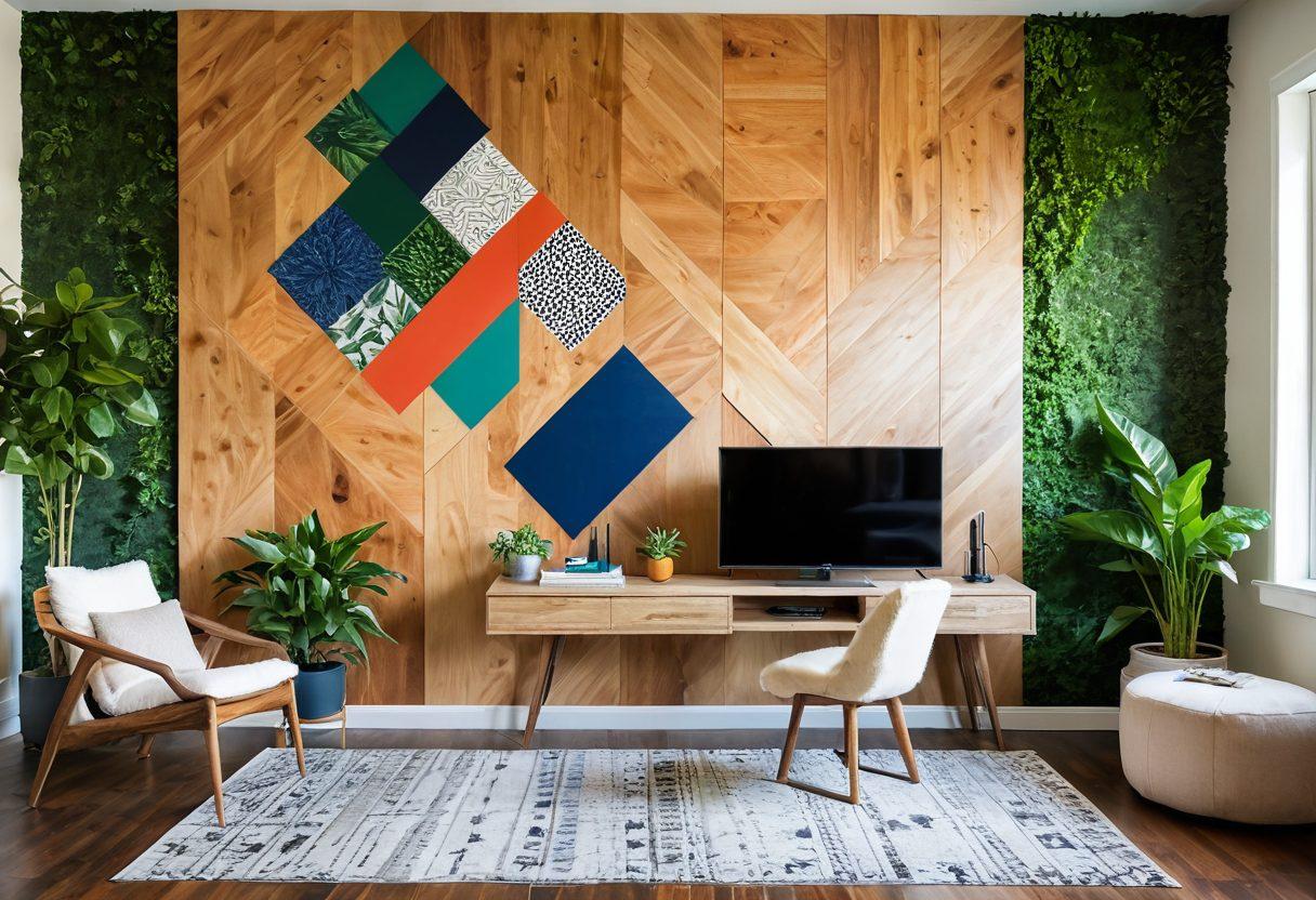 A beautifully transformed feature wall showcasing a blend of textures and colors, including geometric patterns and natural wood accents. Include decorative panels with lush greenery and vibrant artwork that evoke creativity and inspiration. The setting is a modern living space filled with natural light, emphasizing a joyful and inviting atmosphere. super-realistic. vibrant colors. modern interior design.
