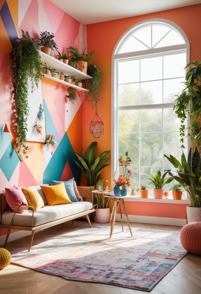 A whimsical, bright room showcasing stunning DIY wall designs, featuring a colorful mural, geometric patterns, and hanging planters. Include art supplies scattered around, with a person joyfully painting on the wall, expressing creativity. Soft natural light streaming through a window, illuminating the vibrant colors and textures. inspired by modern interior design. super-realistic. vibrant colors. 3D.